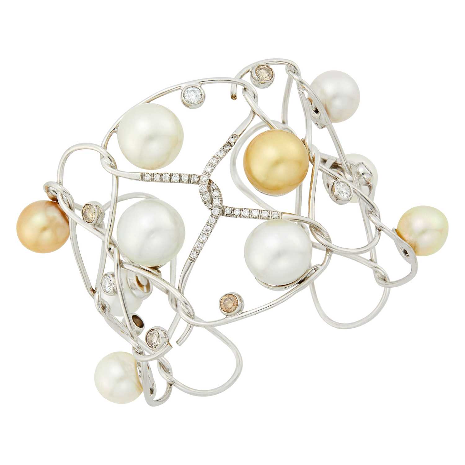Lot 48 - White Gold, South Sea and Golden Cultured Pearl, Diamond and Colored Diamond Cuff Bangle Bracelet