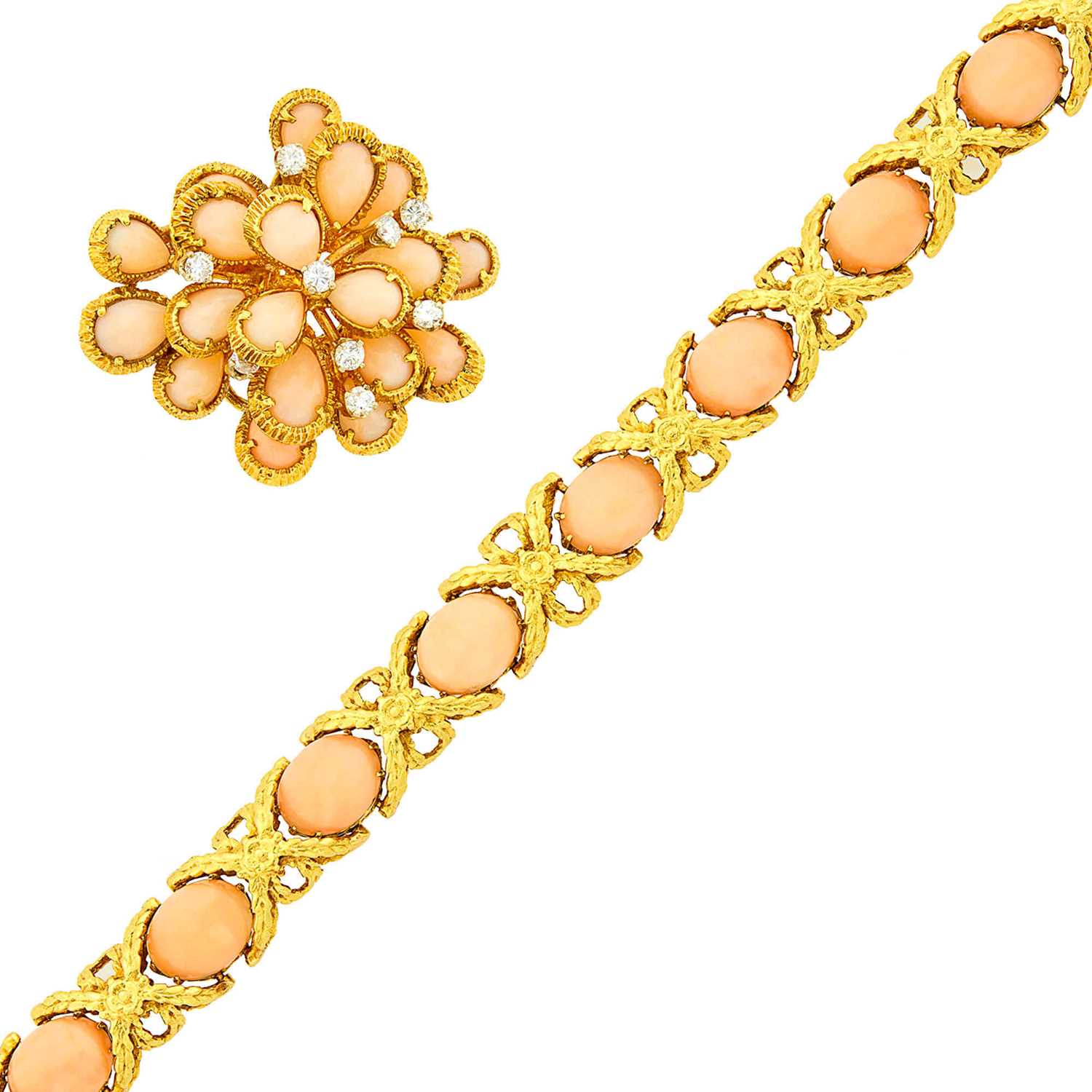 Lot 14 - Gold, Angel Skin Coral and Diamond Bracelet and Brooch