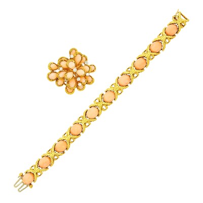 Lot 14 - Gold, Angel Skin Coral and Diamond Bracelet and Brooch