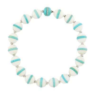 Lot 41 - White Agate Bead, Turquoise, White Gold and Diamond Necklace