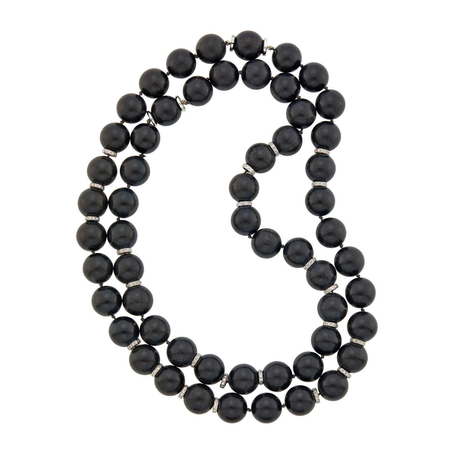 Lot 74 - Seaman Schepps Long Ebony Wood Bead, White Gold and Diamond Necklace/Pair of Necklaces
