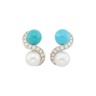Lot 40 - Seaman Schepps Pair of White Gold, South Sea Cultured Pearl, Turquoise Bead and Diamond Earclips
