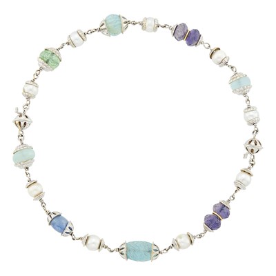 Lot 51 - Seaman Schepps White Gold, Carved Colored Stone and Baroque Cultured Pearl 'Baroque' Necklace/Pair of Bracelets Combination