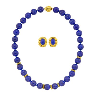 Lot 23 - Seaman Schepps Gold and Lapis Bead Necklace and Pair of Earclips