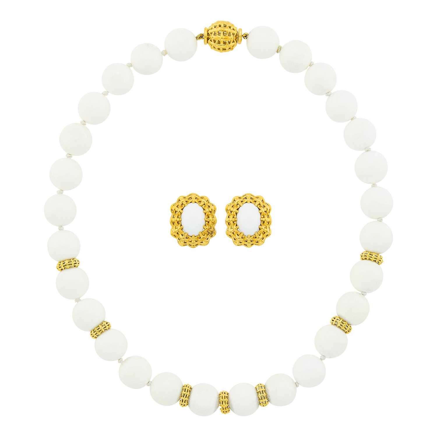 Lot 17 - Seaman Schepps Gold, White Agate Bead Necklace and Pair of Earclips