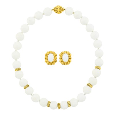 Lot 17 - Seaman Schepps Gold, White Agate Bead Necklace and Pair of Earclips