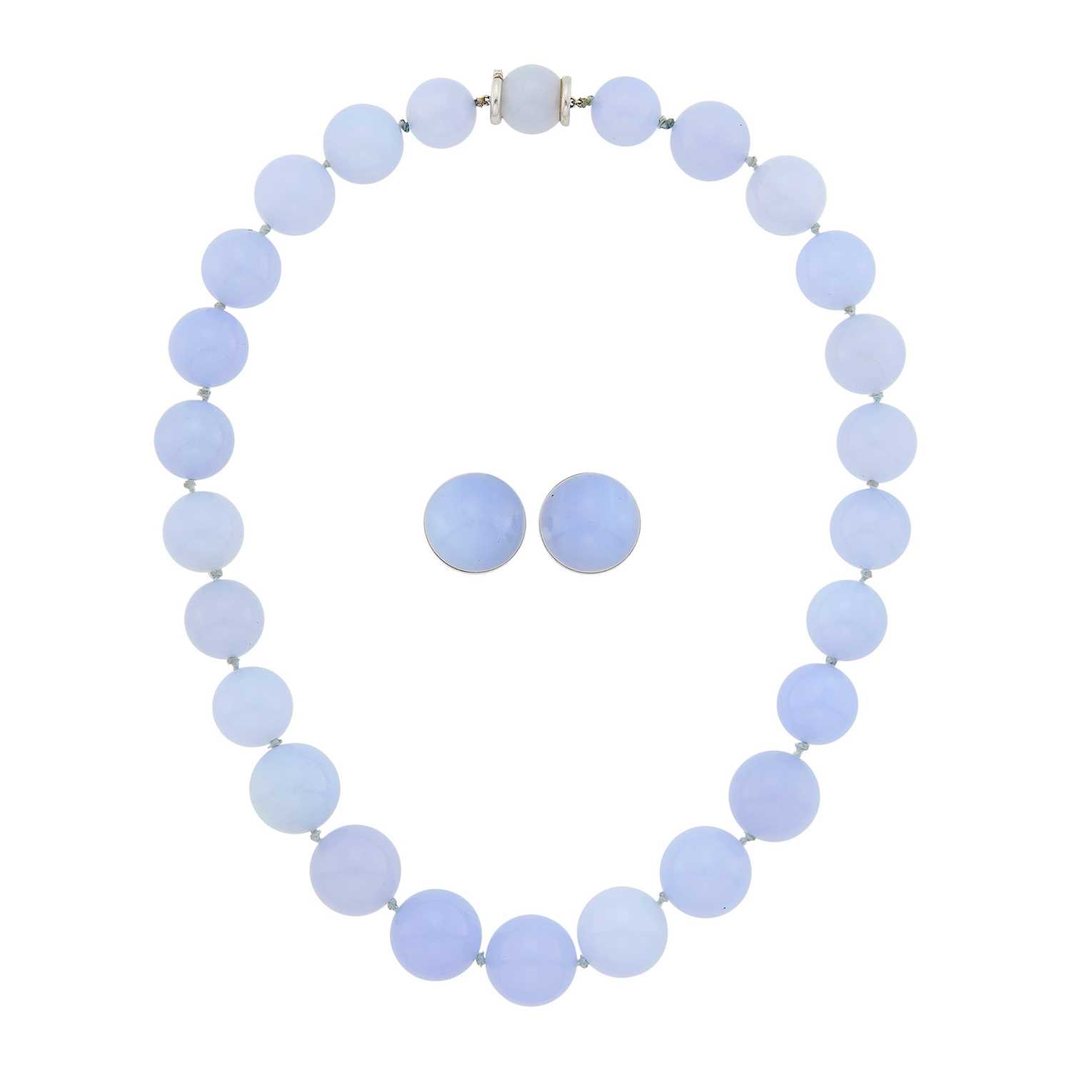Lot 68 - Seaman Schepps Blue Chalcedony Bead and White Gold Necklace and Pair of Earclips