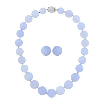 Lot 68 - Seaman Schepps Blue Chalcedony Bead and White Gold Necklace and Pair of Earclips