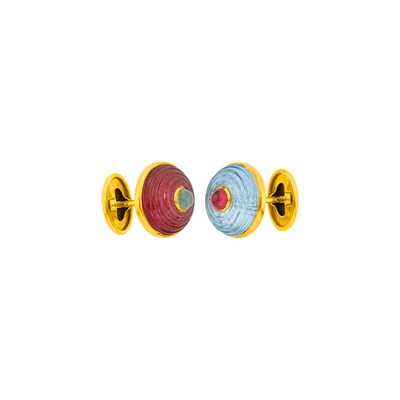 Lot 77 - Seaman Schepps Pair of Gold, Carved Pink Tourmaline and Aquamarine Cufflinks