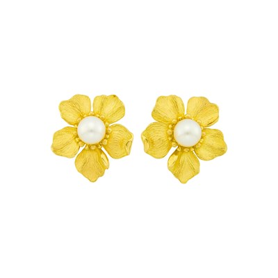 Lot 117 - Tiffany & Co. Pair of Gold and Cultured Pearl 'Wild Rose' Flower Earclips