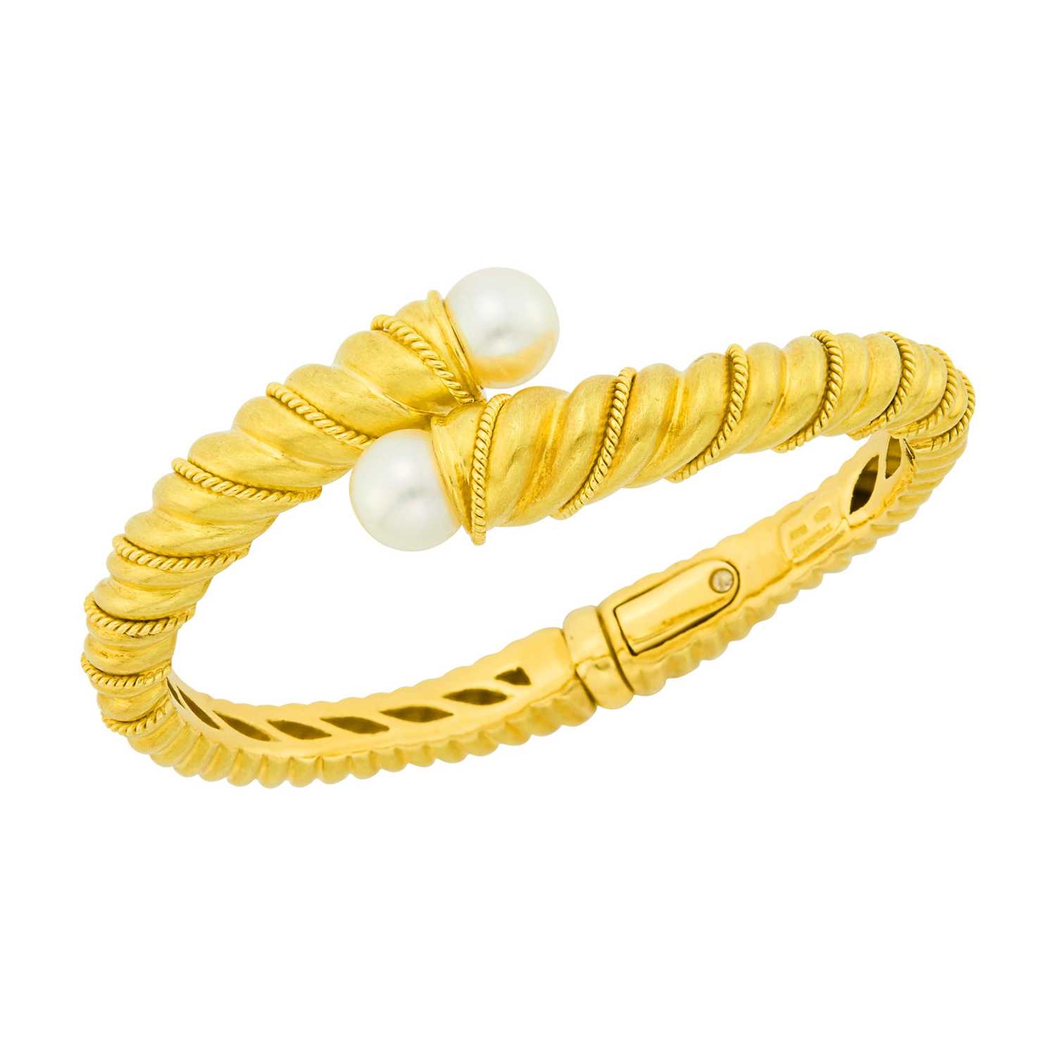Lot 2 - Tiffany & Co. Gold and Cultured Pearl Crossover Bangle Bracelet