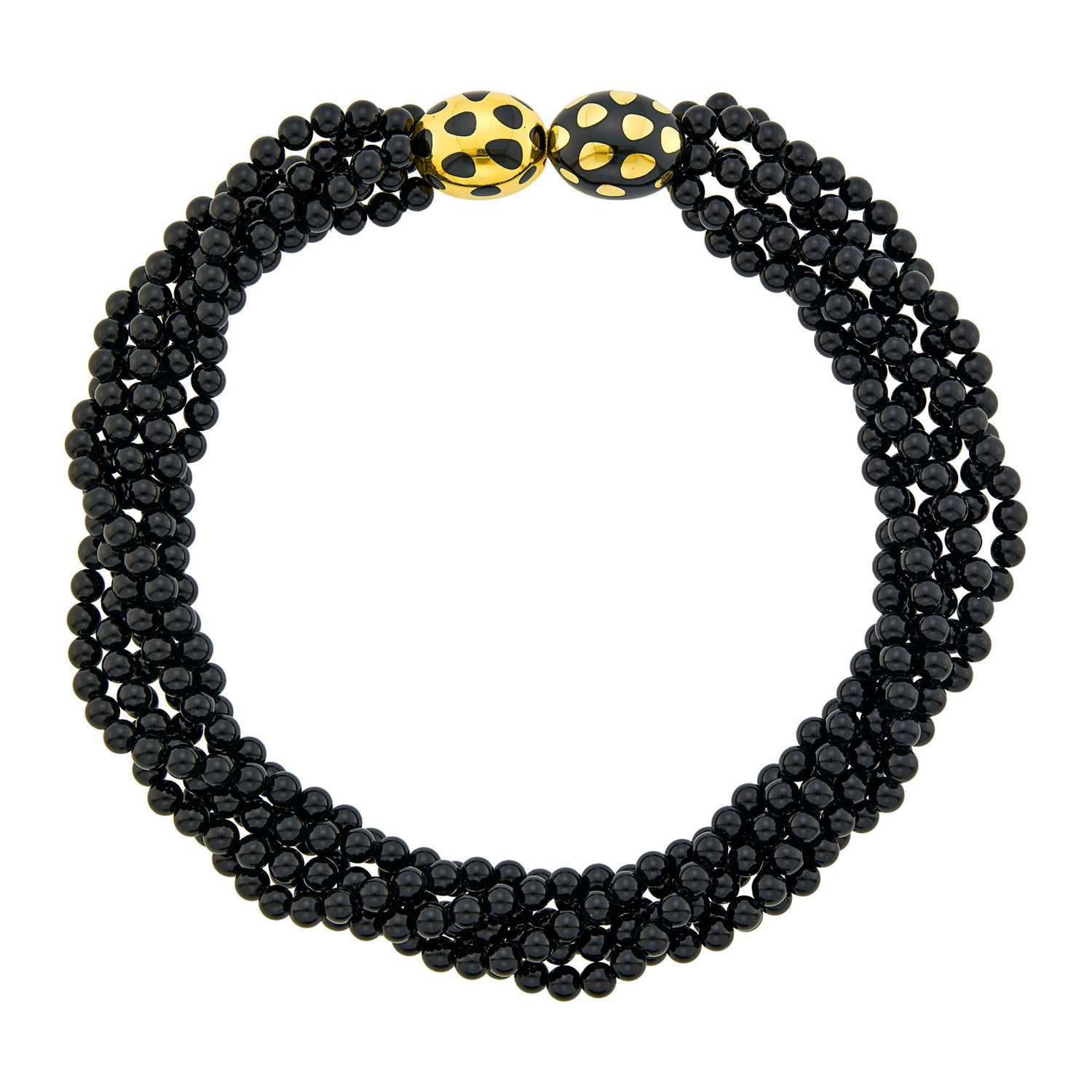Lot 9 - Tiffany & Co. Six Strand Black Onyx Bead Torsade Necklace with Gold and Black Jade 'Positive-Negative' Clasp