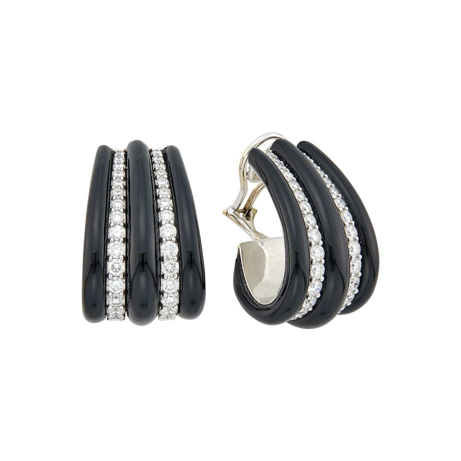 Lot 75 - Seaman Schepps Pair of White Gold, Black Onyx and Diamond J-Hoop Earclips