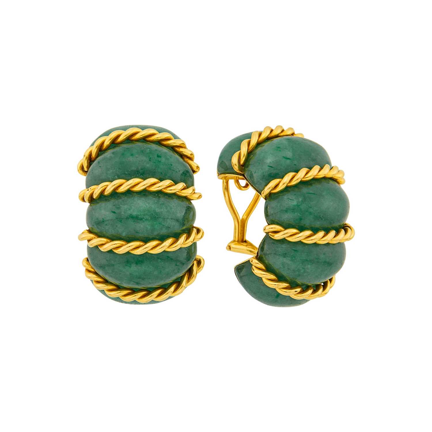 Lot 20 - Seaman Schepps Pair of Gold and Aventurine Quartz 'Shrimp' Earclips
