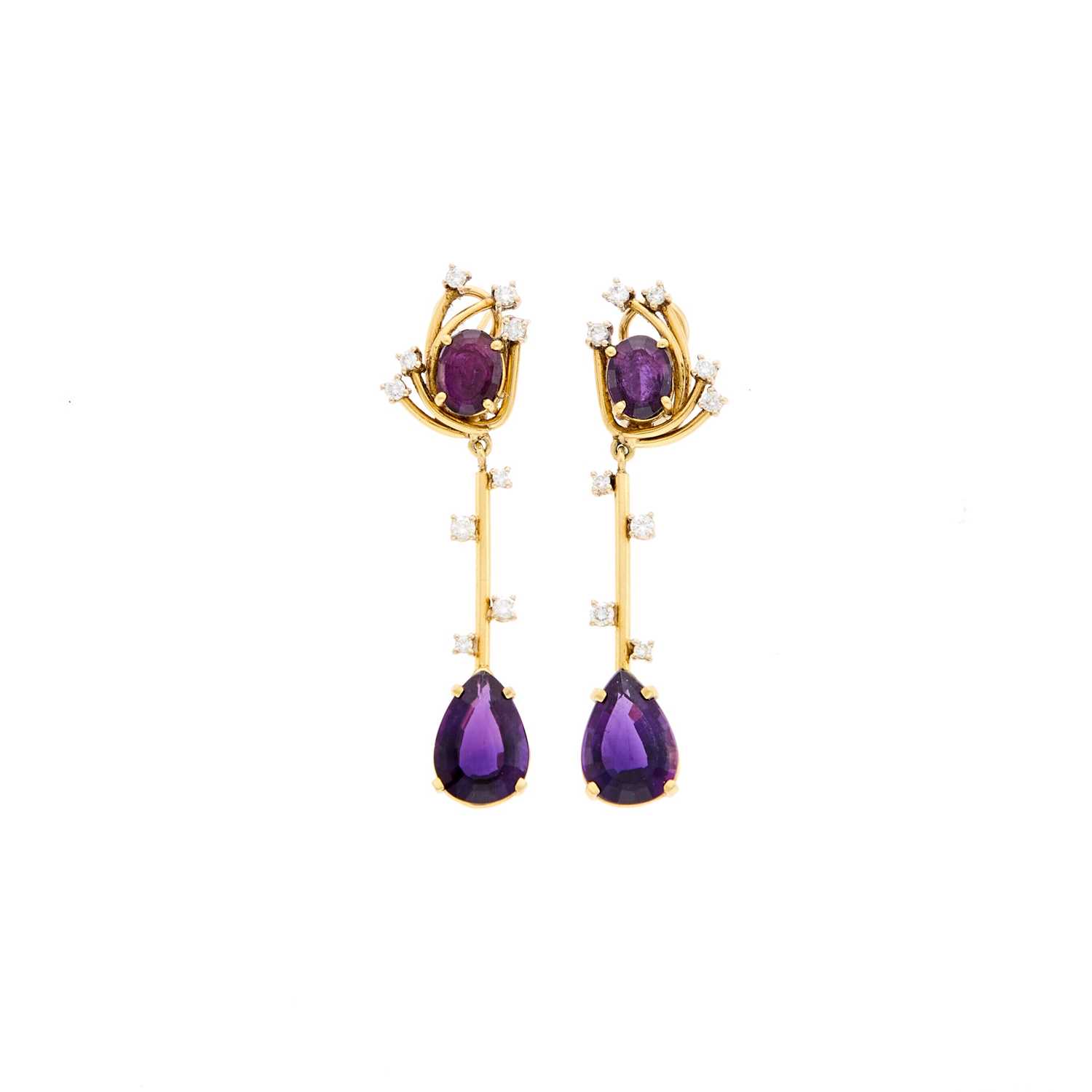 Lot 1040 - Pair of Gold, Amethyst and Diamond Pendant-Earrings