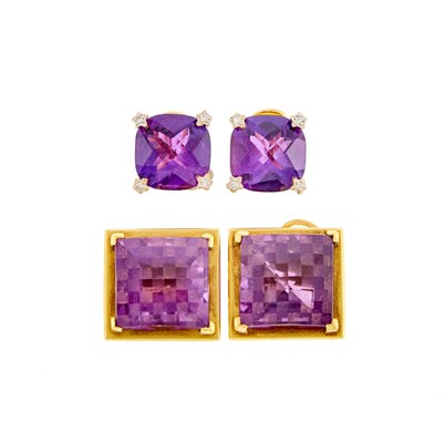 Lot 1082 - Two Pairs of Gold, Amethyst and Diamond Earclips