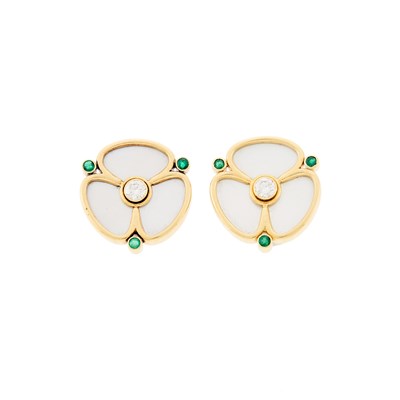 Lot 1103 - Leo de Vroomen Pair of Gold, Mother-of-Pearl, Diamond and Emerald Flower Earclips
