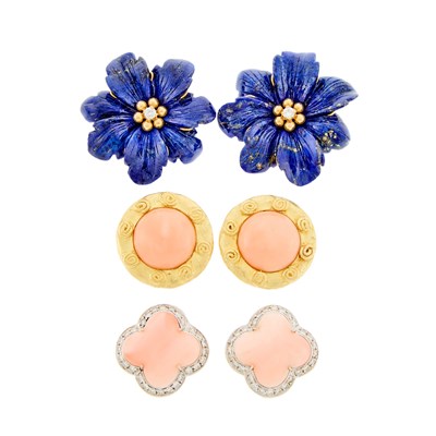 Lot 1241 - Three Pairs of Yellow and White Gold, Carved Lapis, Coral and Diamond Earclips and Earrings