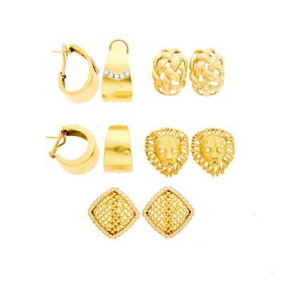 Lot 1146 - Five Pairs of Gold and Diamond Earrings