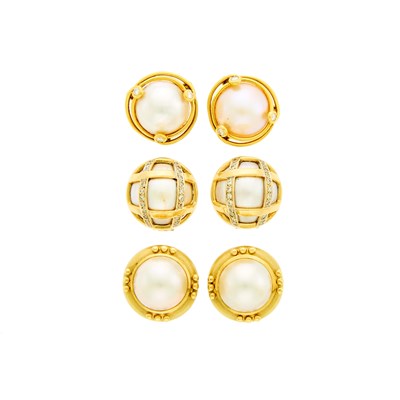 Lot 1177 - Three Pairs of Gold, Mabé Pearl and Diamond Earrings
