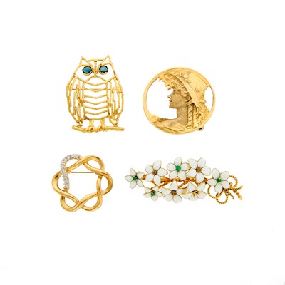 Lot 1186 - Four Gold, Diamond, Enamel and Colored Stone Brooches