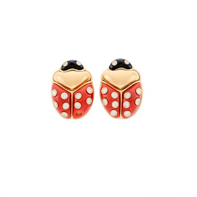 Lot 1026 - Pair of Gold, Coral, Black Onyx and Diamond Ladybug Earrings