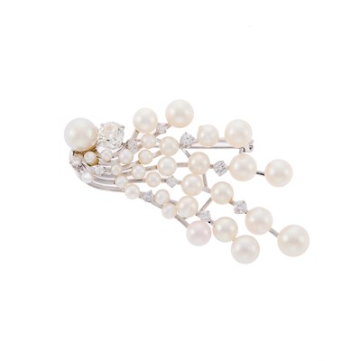 Lot 1182 - White Gold, Cultured Pearl and Diamond Spray Brooch