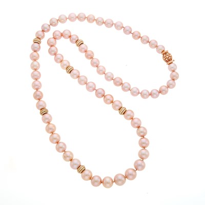 Lot 1183 - Long Pink Freshwater Pearl, Rose Gold and Diamond Necklace