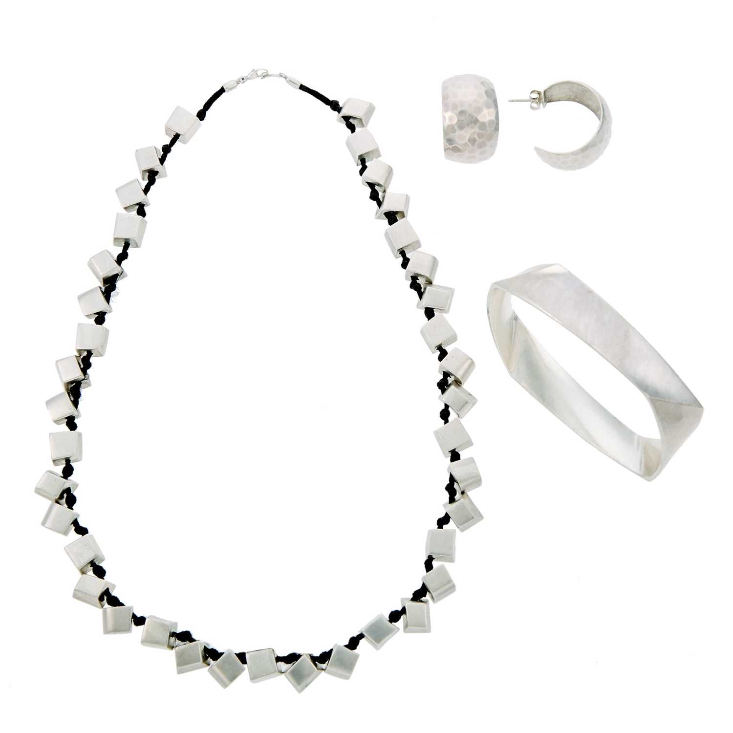 Lot 1205 - Tiffany & Co., Frank Gehry Sterling Silver Bangle Bracelet, Necklace on Cord and Pair of Earrings
