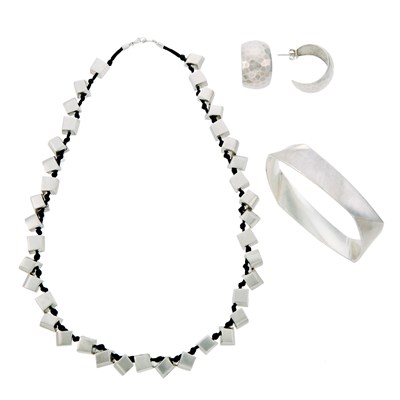 Lot 1205 - Tiffany & Co., Frank Gehry Sterling Silver Bangle Bracelet, Necklace on Cord and Pair of Earrings