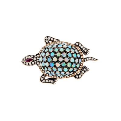 Lot 1174 - Silver, Gold, Opal and Diamond Turtle Brooch