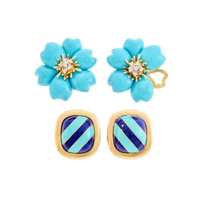 Lot 1083 - Pair of Gold, Turquoise and Diamond Flower Earclips and Pair of Lapis and Turquoise Earrings