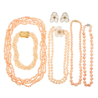 Lot 1239 - Group of Angel Skin Coral Jewelry and Pair of Frosted Rock Crystal, Gold and Diamond Flower Earrings