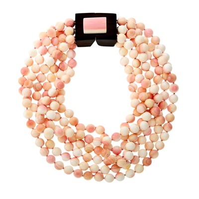 Lot 1238 - Patricia Von Musulin Six Strand Pink Conch Shell Bead Necklace with Wood and Pink Conch Shell Clasp