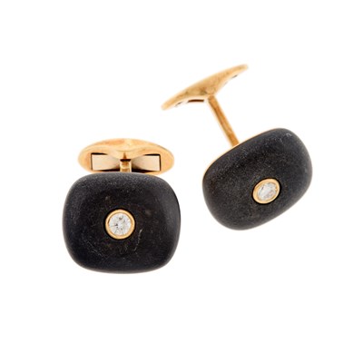 Lot 1036 - Pair of Gold, Matte Black Stone and Diamond Cufflinks