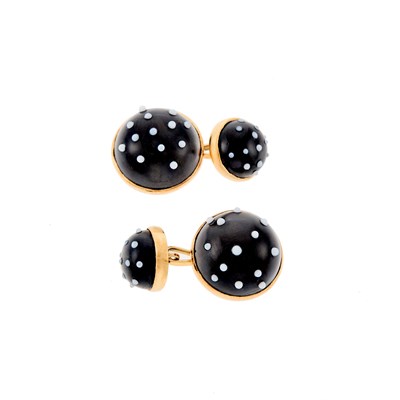 Lot 1110 - Pair of Gold, Black Onyx and White Agate Dome Cufflinks, France