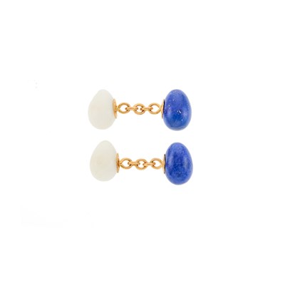 Lot 1040 - Seaman Schepps Pair of Gold, Lapis and White Agate Egg Cufflinks