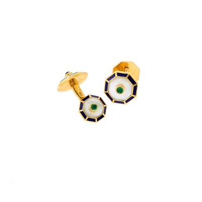 Lot 1173 - Pair of Gold, Mother-of-Pearl, Enamel, Cabochon Emerald and Sapphire Cufflinks