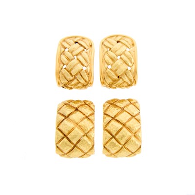 Lot 1071 - Two Pairs of Quilted Gold Earrings