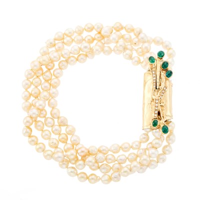 Lot 1145 - Four Strand Semi-Baroque Cultured Pearl, Gold, Cabochon Emerald and Diamond Necklace