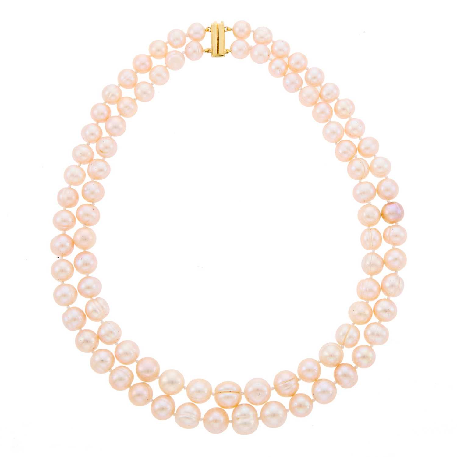 Lot 1064 - Double Strand Semi-Baroque Freshwater Pearl Necklace with Gold Clasp