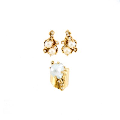Lot 1147 - Pair of Gold, Cultured Pearl and Diamond Earrings and Baroque Cultured Pearl Ring
