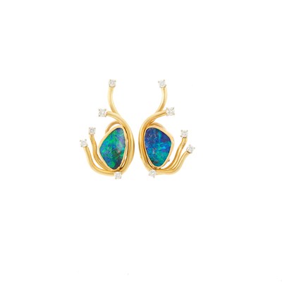 Lot 1018 - Pair of Gold, Black Opal Doublet and Diamond Earrings