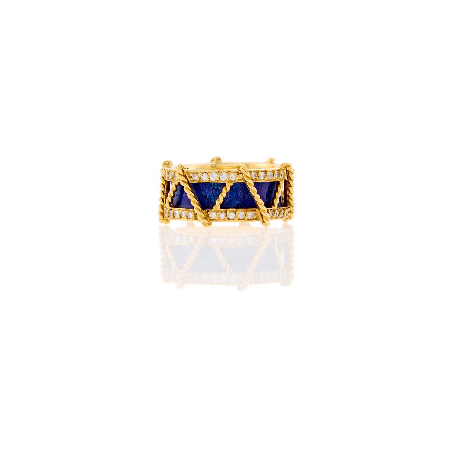 Lot 1038 - Wide Gold, Blue Enamel and Diamond Drum Band Ring