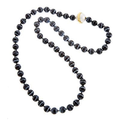 Lot 1014 - Tiffany & Co., Paloma Picasso Long Banded Agate Bead Necklace with Gold and Mabé Pearl Clasp