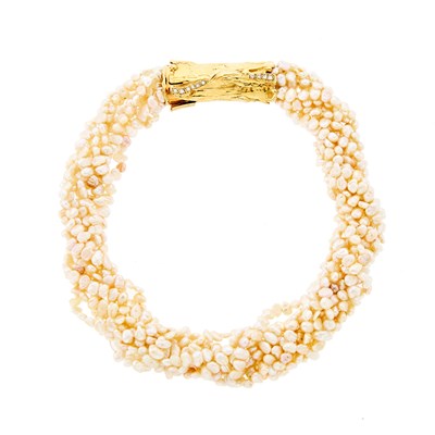 Lot 1196 - Multistrand Freshwater Pearl Torsade Necklace with Gold and Diamond Clasp