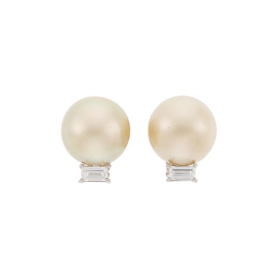 Lot 1184 - Pair of Platinum, Golden Cultured Pearl and Diamond Earclips
