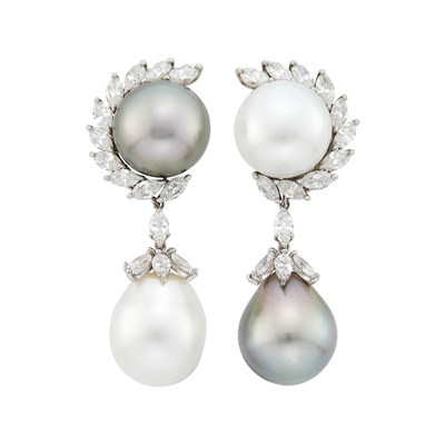 Lot 75 - Pair of Platinum, South Sea Cultured and Tahitian Gray Cultured Pearl and Diamond Pendant-Earclips