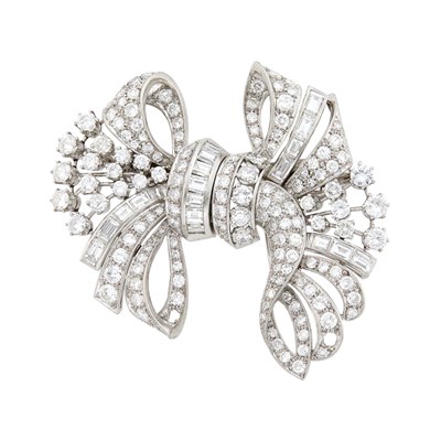 Lot 215 - Platinum and Diamond Bow Double Clip-Brooch