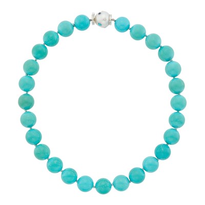 Lot 62 - Seaman Schepps Turquoise Bead Necklace with White Gold, South Sea Cultured Pearl, Colored Stone and Diamond Clasp